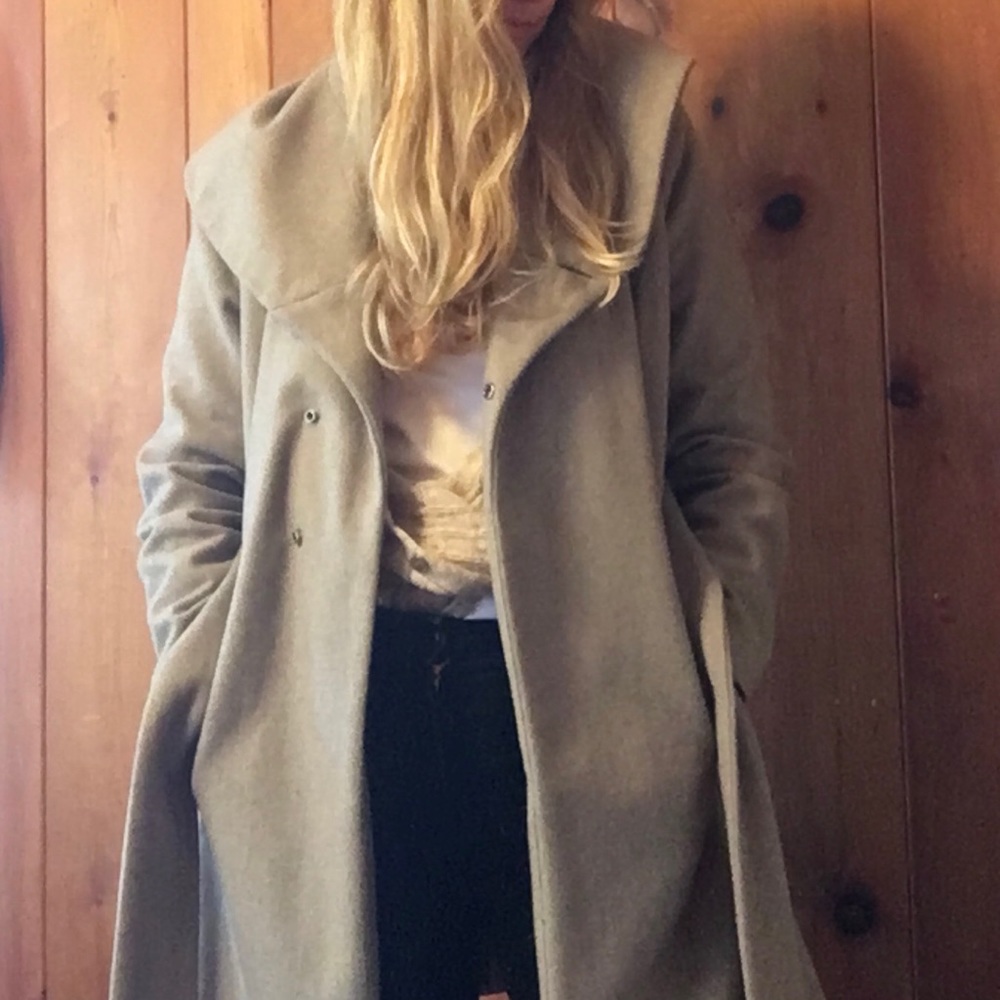 Taupe, wool blend belted coat with wide lapel. Size Large.